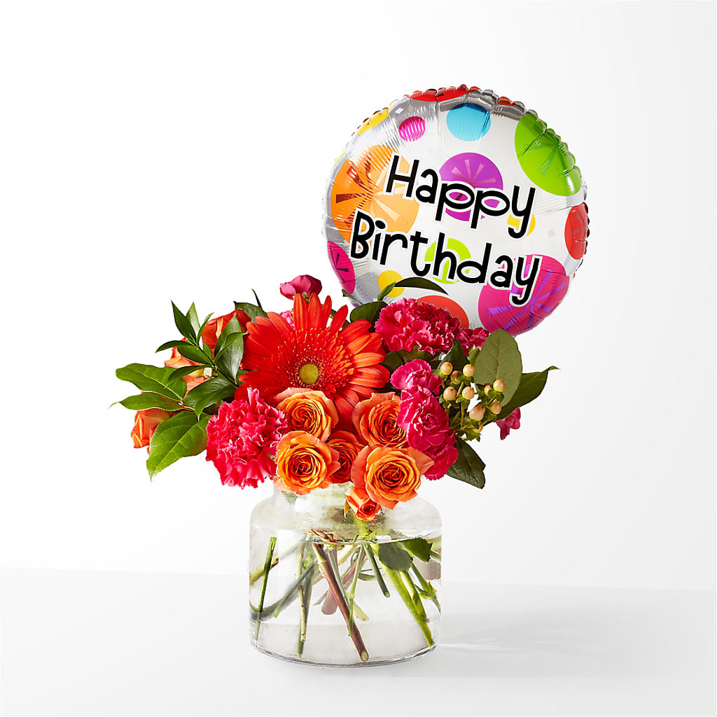 Fiesta Bouquet with Birthday Balloon – Menlo Florist, Menlo Park CA