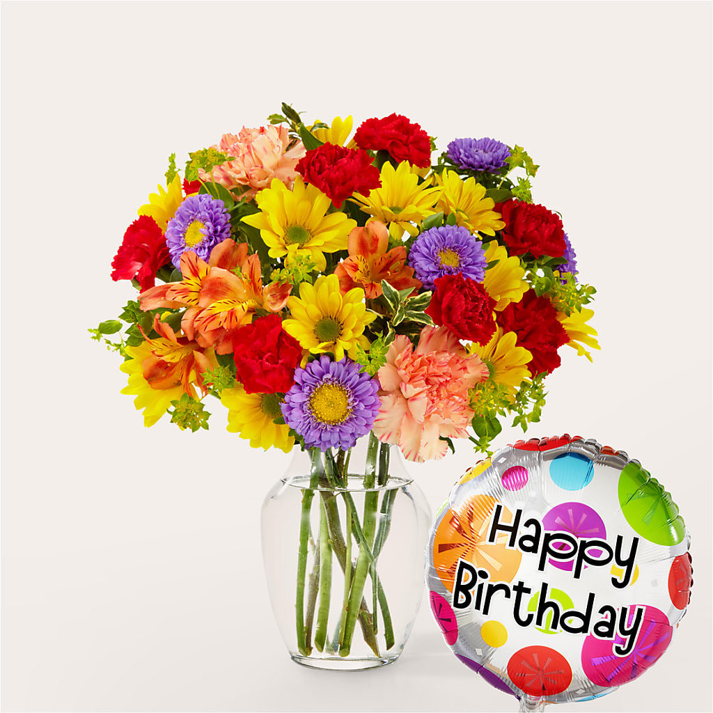 Kaleidoscope Bouquet with Birthday Balloon – Menlo Florist, Menlo Park CA