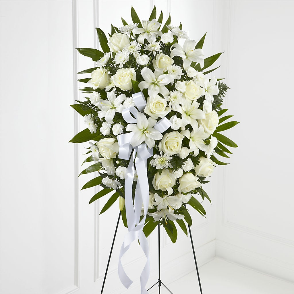 Exquisite Tribute Standing Spray-White Ribbon – Menlo Florist, Menlo Park CA