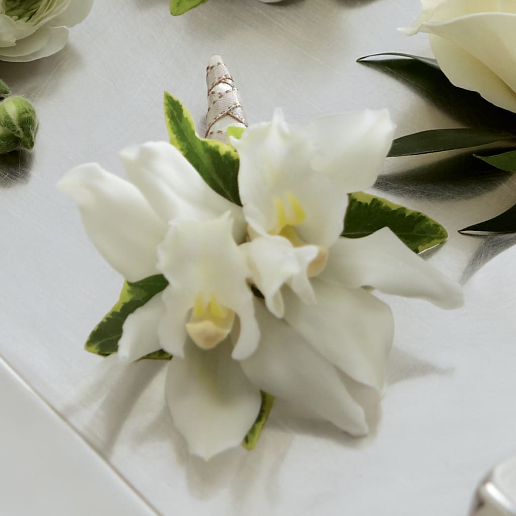 White Mini Cymbidium Boutonniere – Menlo Florist, Menlo Park CA